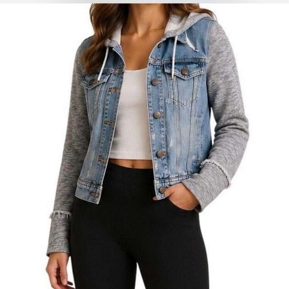 Free People denim knit sleeve hooded jacket medium